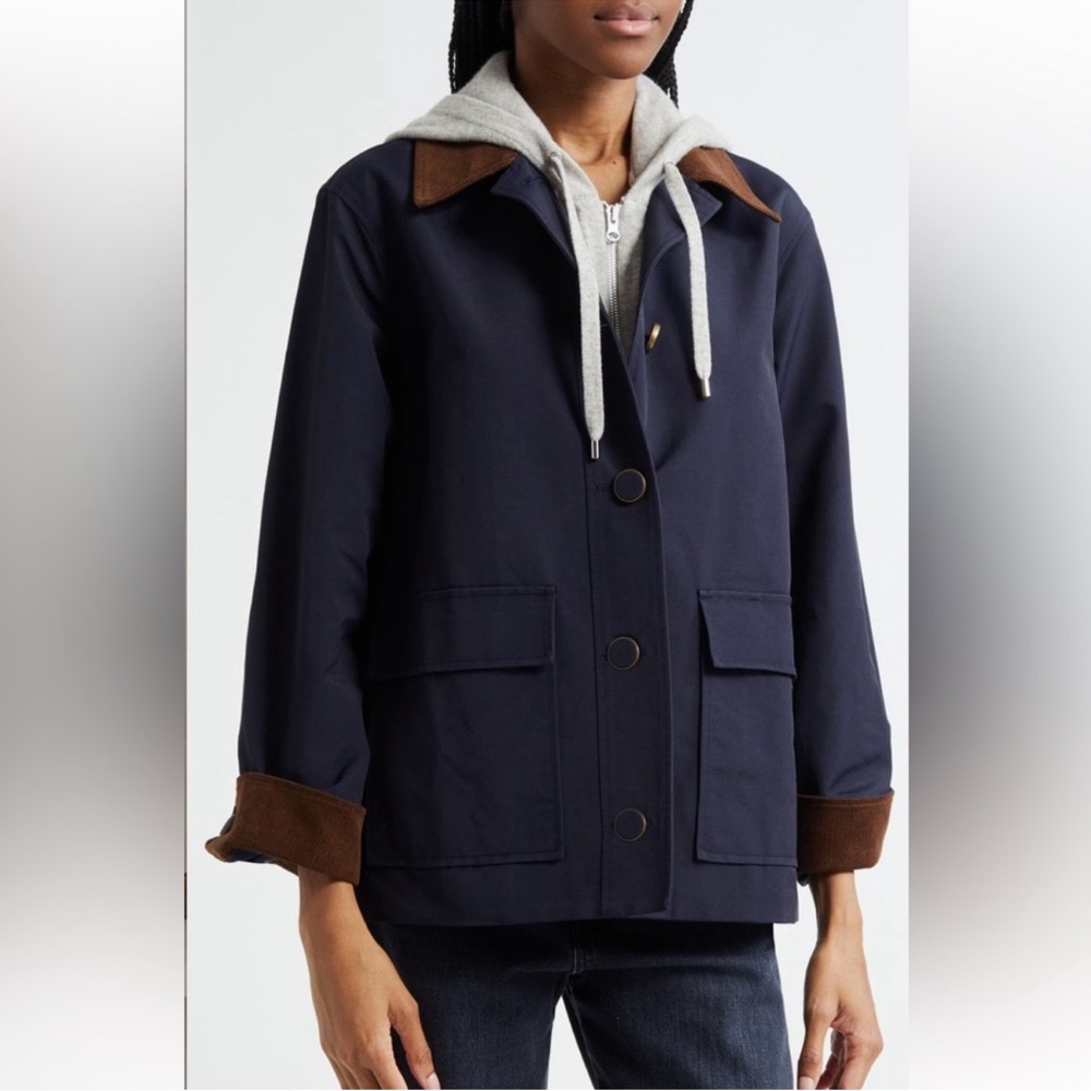 NWT Veronica Beard Arlen Corduroy Trim Barn Coat Navy Brown - Picture 3 of 12
